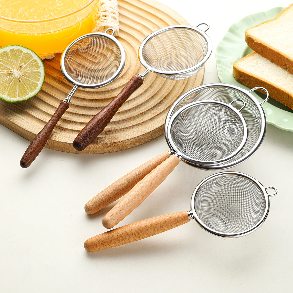 Wooden-handled stainless steel flour sieve