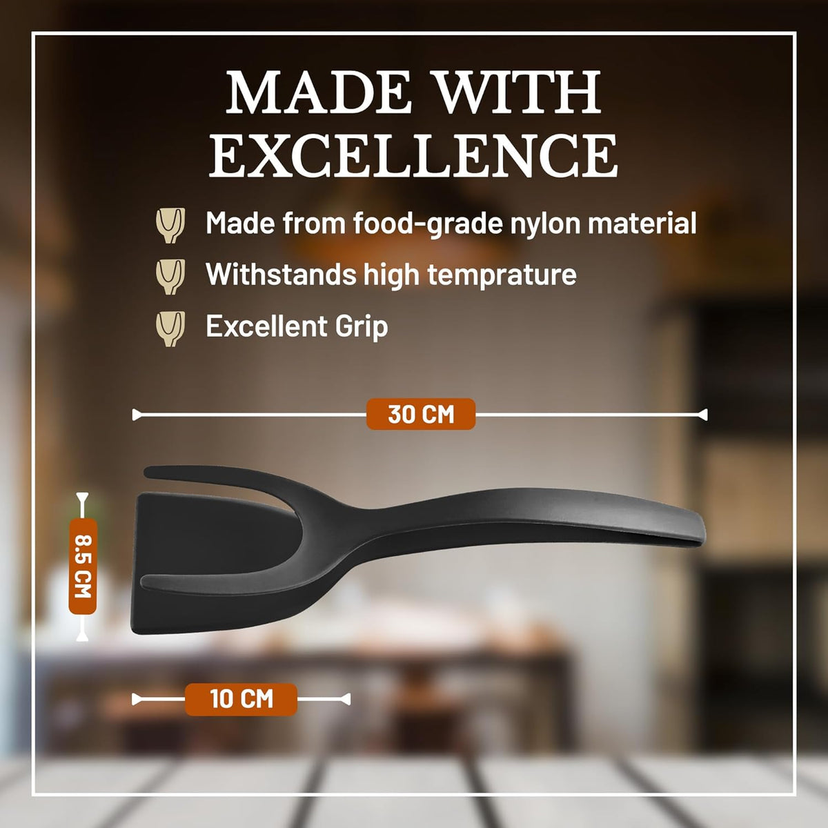 2 in 1 Flipper Spatula with tongs - Nylon Easy Grip Flip Spatula for Hash browns, Burgers, Steaks, French Toast, Omelets, Pancakes - Non-Stick Head, Ergonomic Handle, Withstands High Temperatures