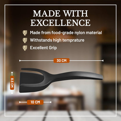2 in 1 Flipper Spatula with tongs - Nylon Easy Grip Flip Spatula for Hash browns, Burgers, Steaks, French Toast, Omelets, Pancakes - Non-Stick Head, Ergonomic Handle, Withstands High Temperatures