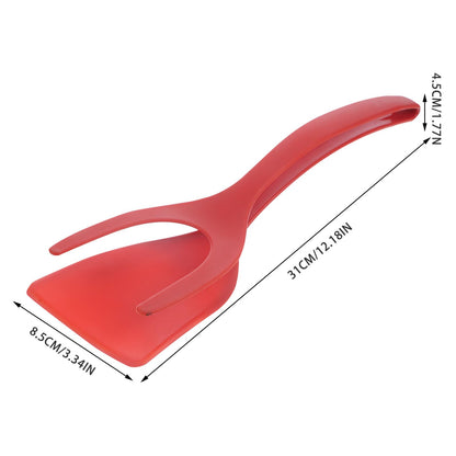 2 in 1 Flipper Spatula with tongs - Nylon Easy Grip Flip Spatula for Hash browns, Burgers, Steaks, French Toast, Omelets, Pancakes - Non-Stick Head, Ergonomic Handle, Withstands High Temperatures